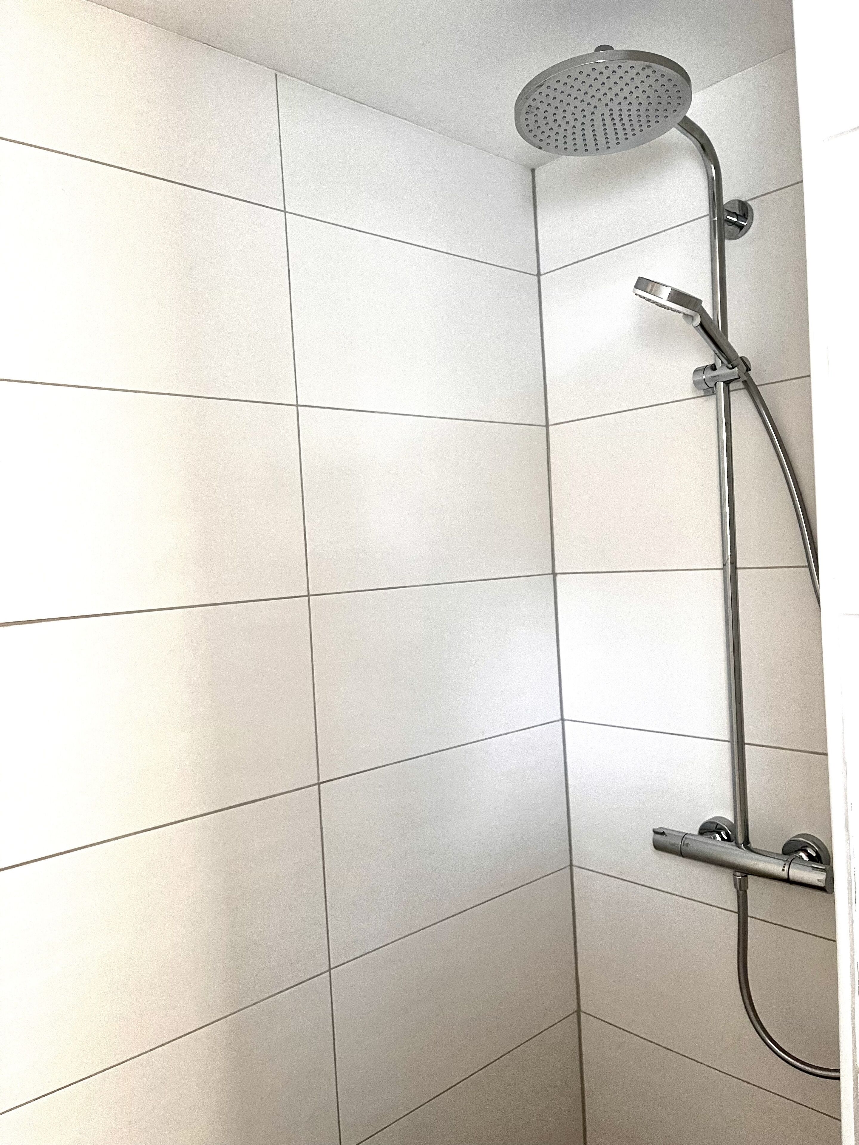 Eine Dusche mit Handbrause und Wandarmatur.