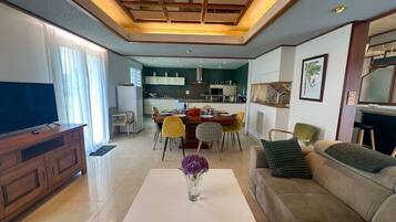 Télévision, cheminée, espaces bureaux