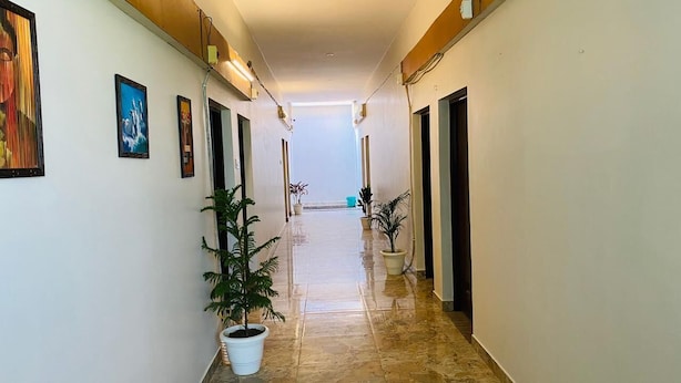 A hallway with potted plants, framed artwork, and doors leading to rooms. - King Palace By GRB (Agra)