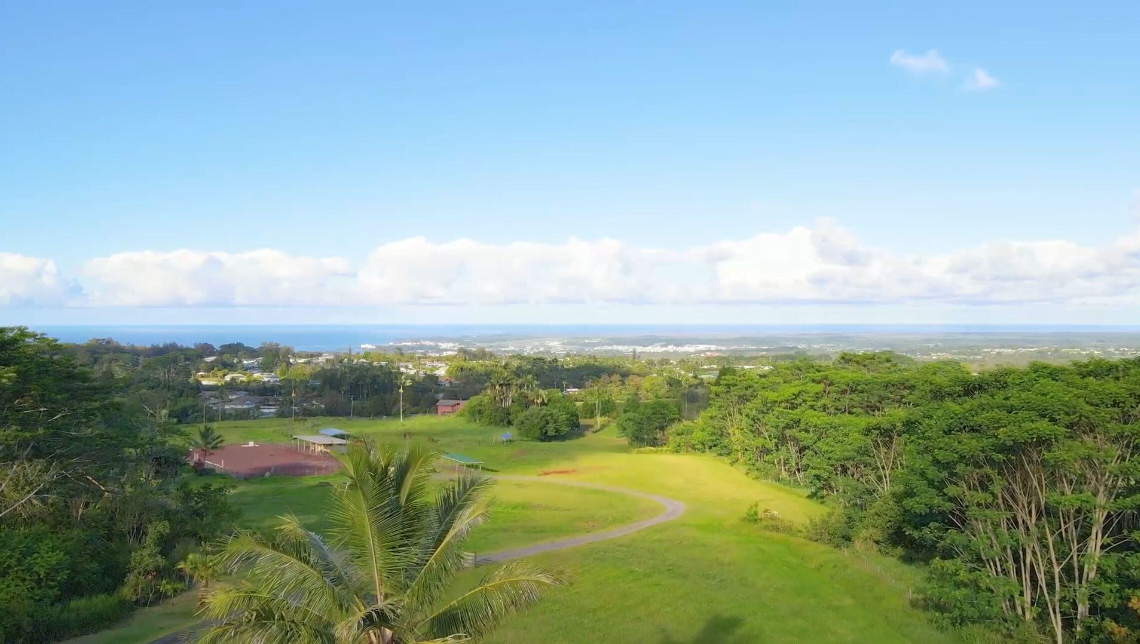 A lush green landscape with a clear view of a distant city and ocean.