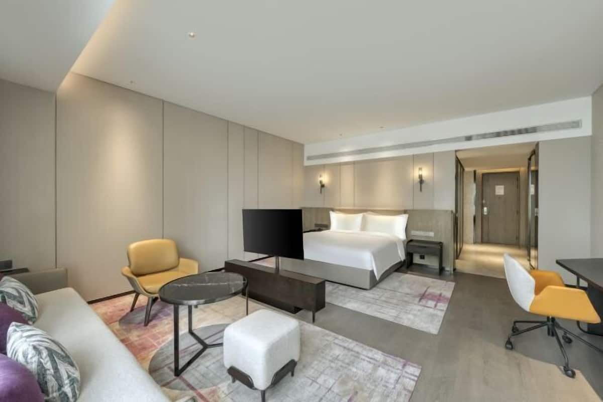 Une chambre d’hôtel moderne équipée d’un lit, d’une télévision, d’un bureau, d’un canapé et d’une chaise.