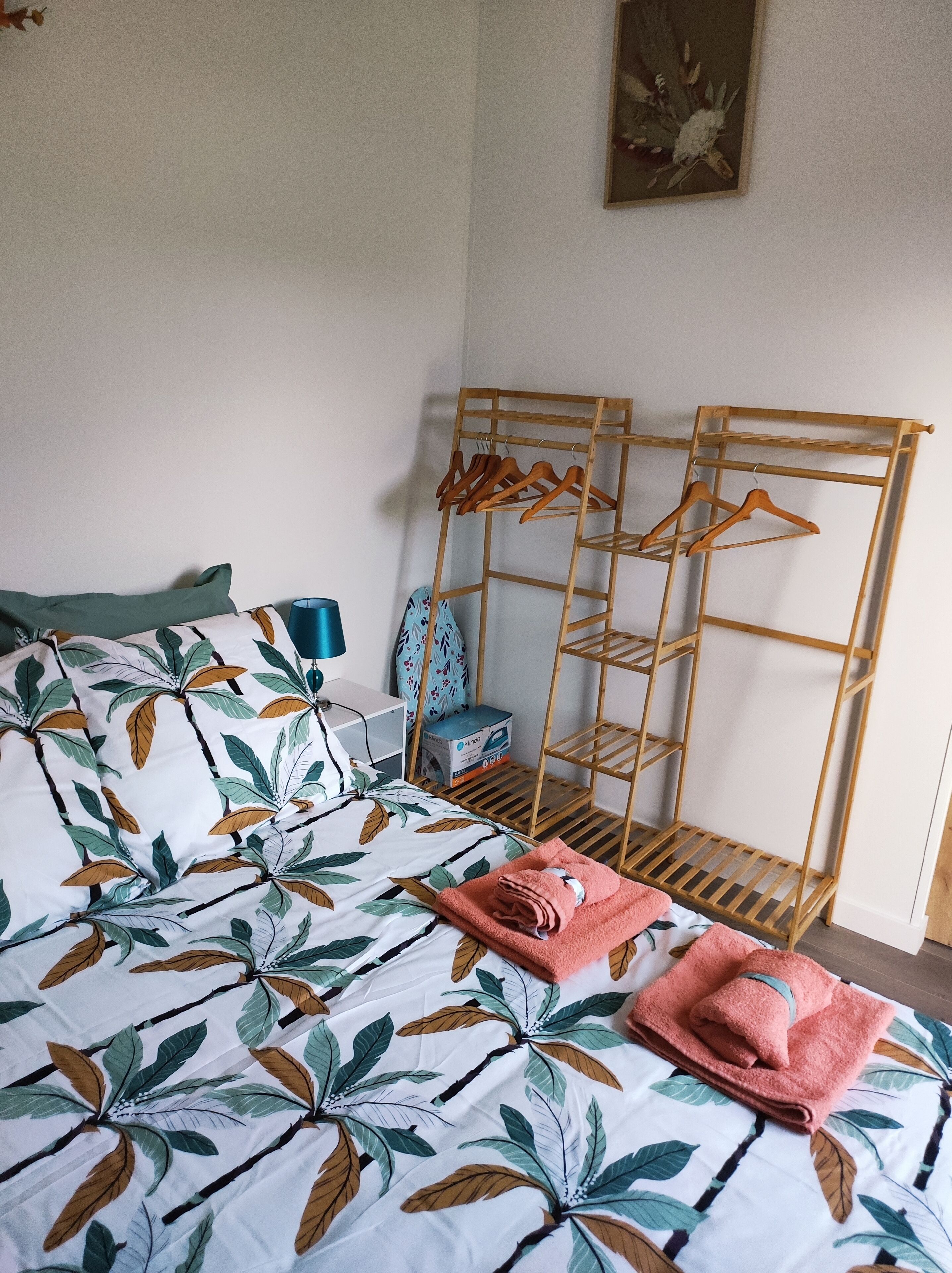 Chambre avec lit double, fer et planche à repasser, penderie avec ceintres 