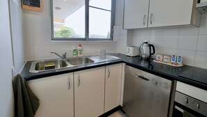Eine moderne Küche mit einer Spüle, Edelstahlgeräten und einem Fenster für natürliches Licht.