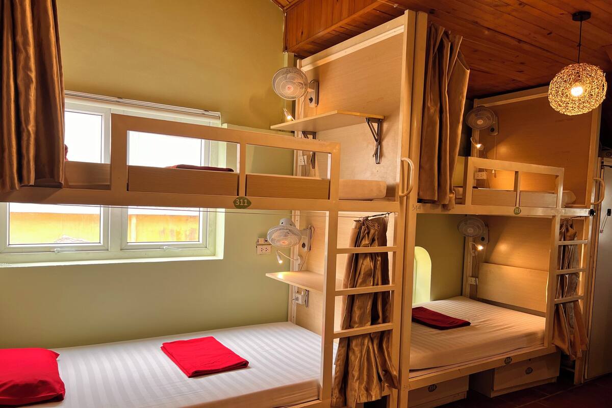 A dormitory room with bunk beds, a window, and a fan.