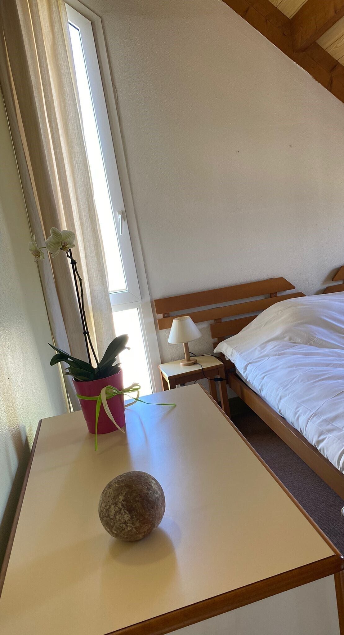 A bedroom with a bed, bedside table, lamp, potted plant, and a stone on the table.
