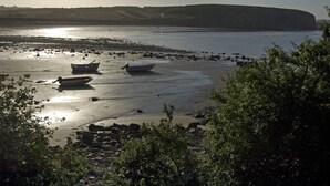 Ein Strand mit Booten und einer Klippe im Hintergrund.