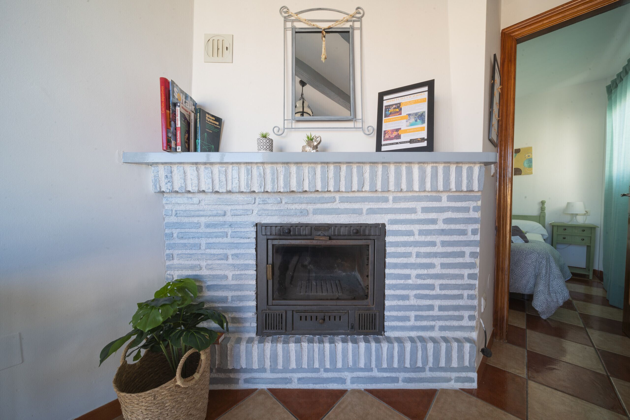 A fireplace with a stone surround, a mirror above it, and a small plant beside it.