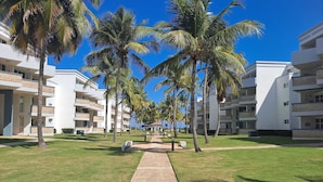 Een pad bezaaid met palmbomen leidt naar een modern hotel met meerdere balkons en een helder uitzicht op de oceaan.