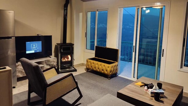 A living room with a fireplace, a television, and a sofa.