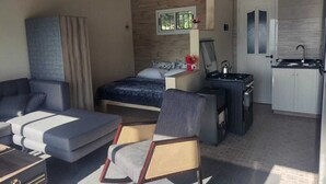 A compact room with a bed, a small desk, a chair, and a kitchenette.
