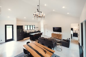 TV, fireplace, table football, ping pong