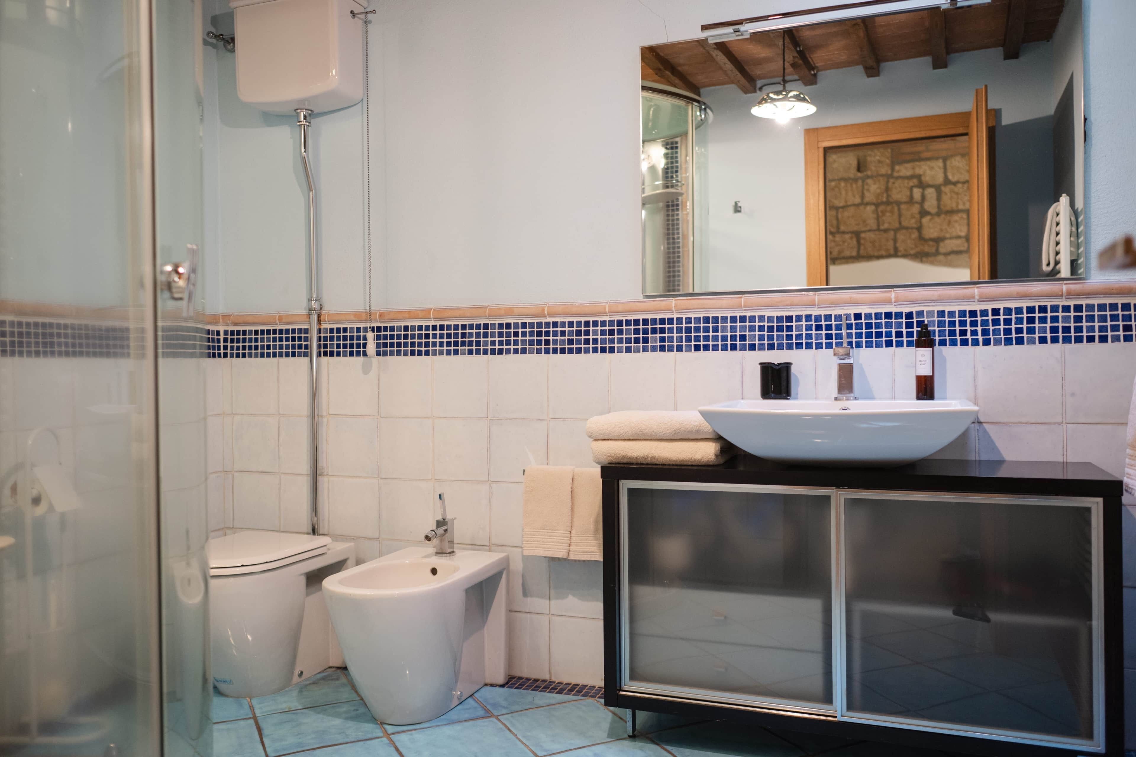 A bathroom with a glass shower enclosure, a white toilet, a bidet, a sink with a mirror above, and a tiled backsplash.