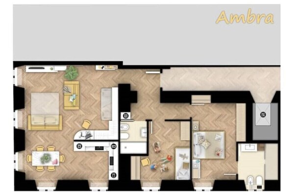 A floor plan of a hotel with a living area, dining space, kitchen, and bedrooms.