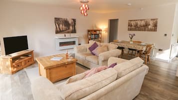 A living room with a sofa, coffee table, TV, fireplace, bookshelf, dining table, and chairs.