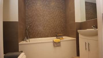 Hair dryer, towels, toilet paper