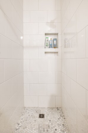 Hair dryer, towels, soap, shampoo