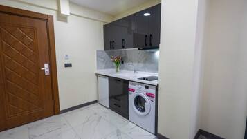 Familie appartement | Privékeuken | Een mini-koelkast, een kookplaat, een waterkoker, een bakplaat