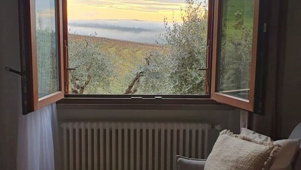 Ein Zimmer mit großem Fenster und Blick auf eine Landschaft, einem Heizkörper und einem Sessel mit Kissen.