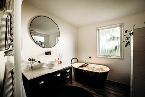 Hair dryer, towels, soap, toilet paper