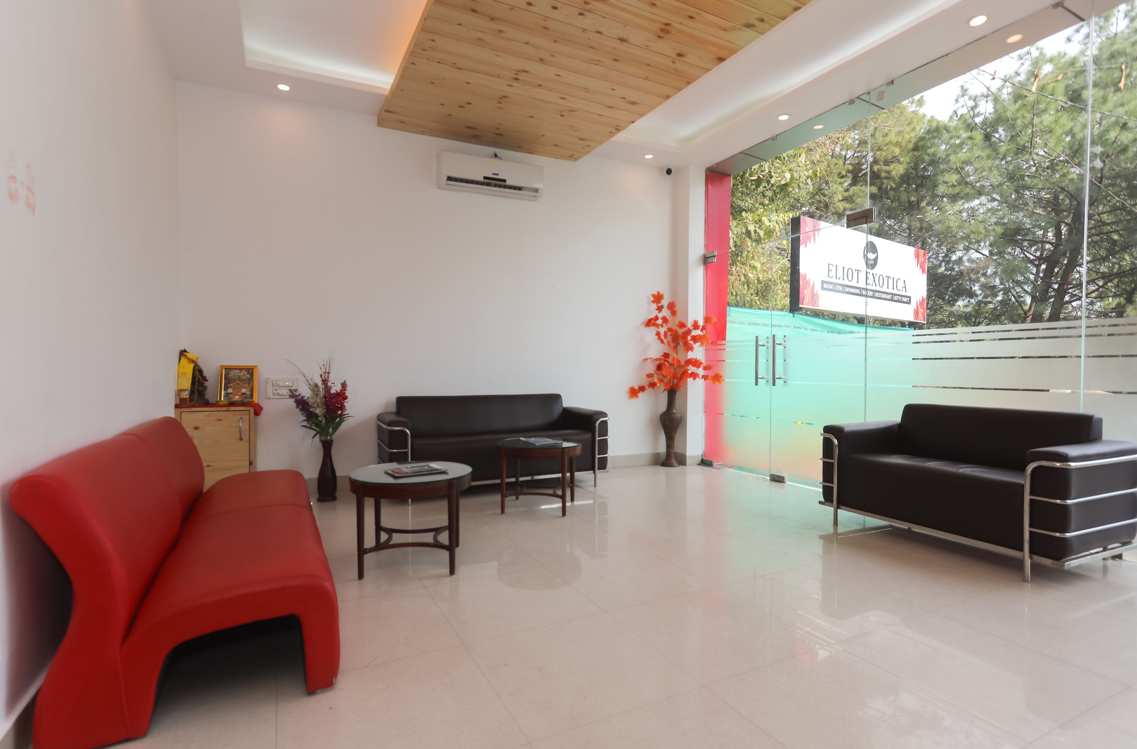 A modern reception area with a black leather sofa, a red chair, and a small table. There is a potted plant with red flowers and a sign that reads "ELLIOT EXOTICA".