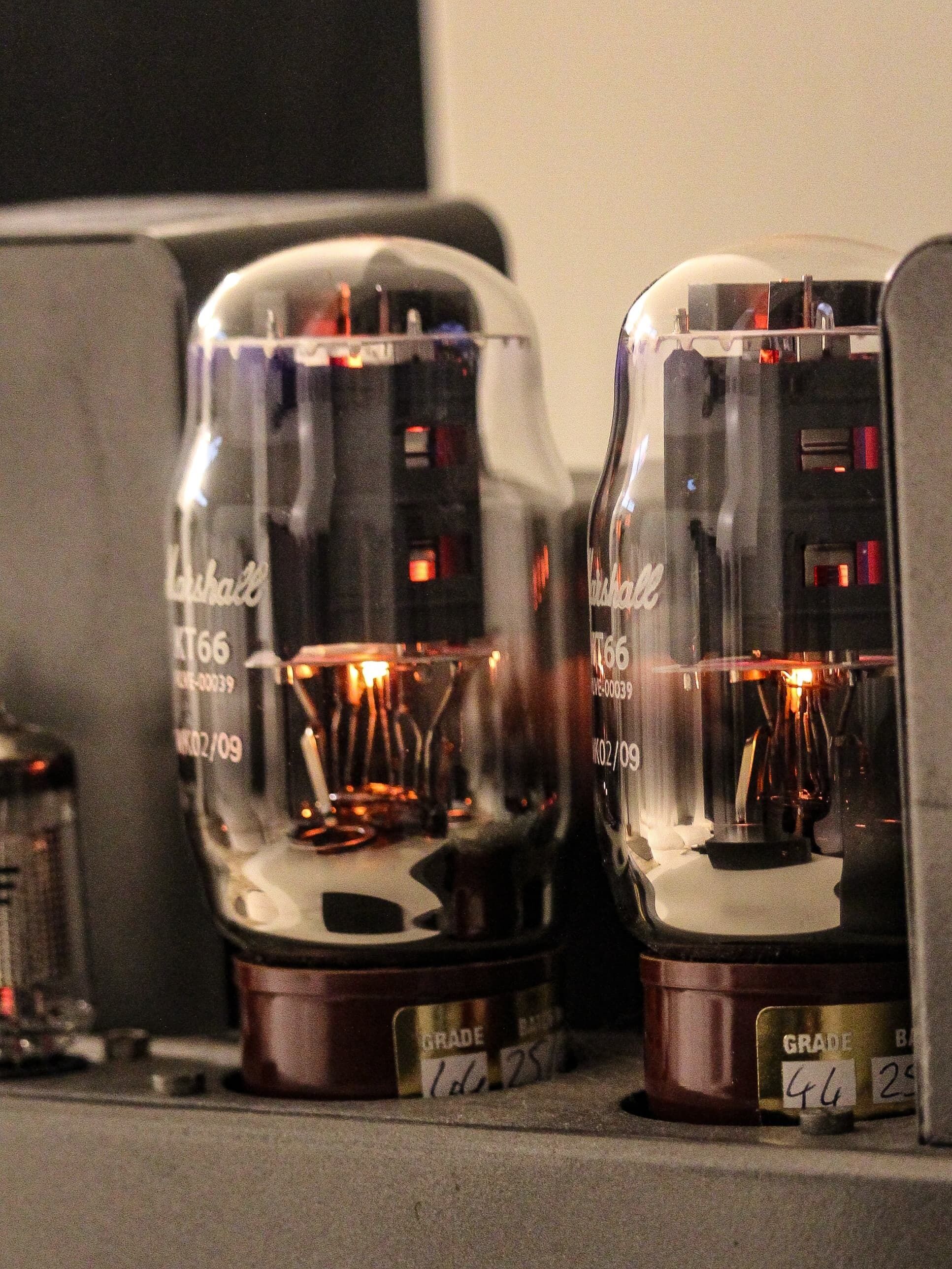 Dos amplificadores Marshall con números de modelo y serie visibles, sobre una estantería.