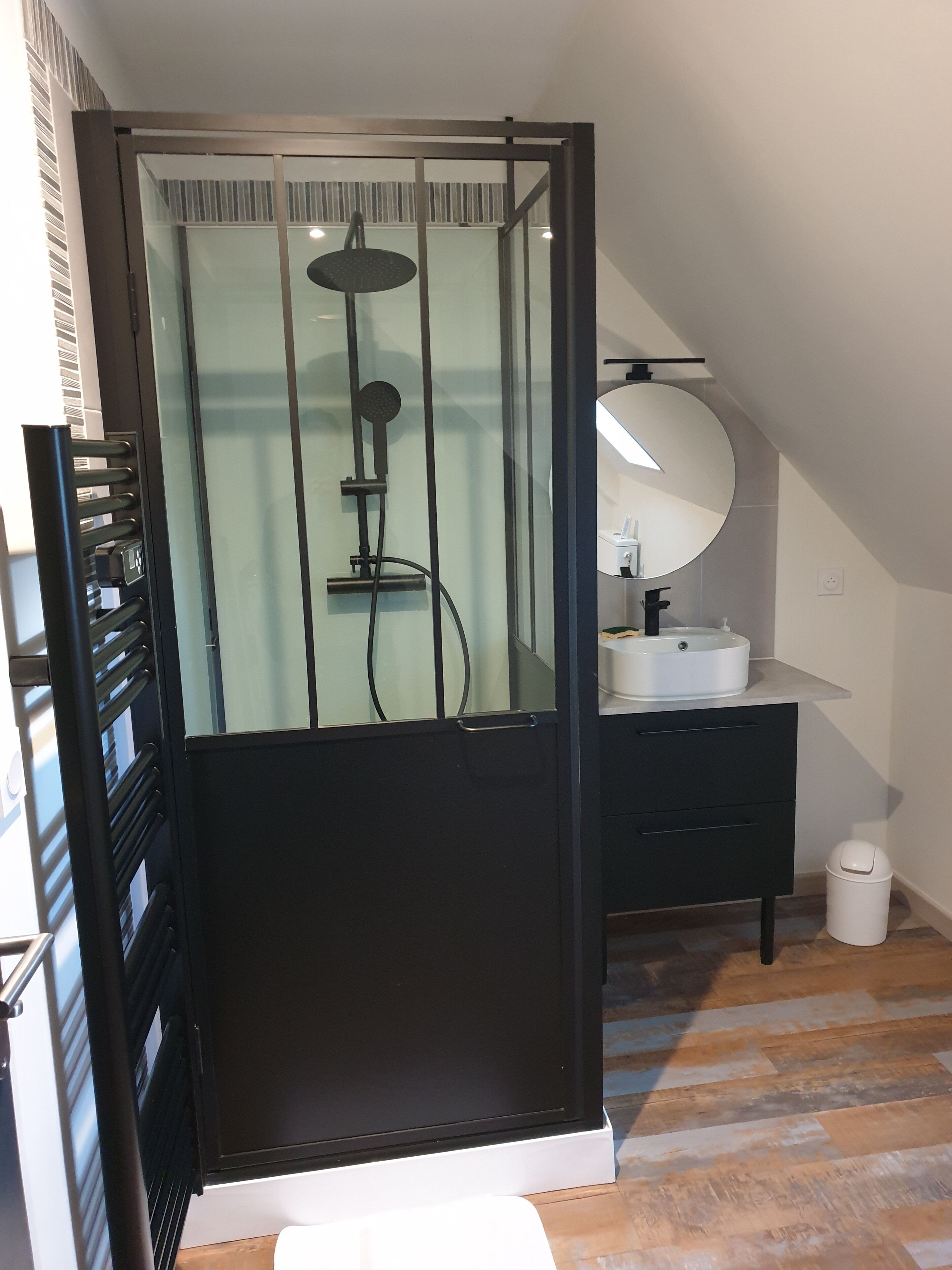Shower, hair dryer, towels, toilet paper