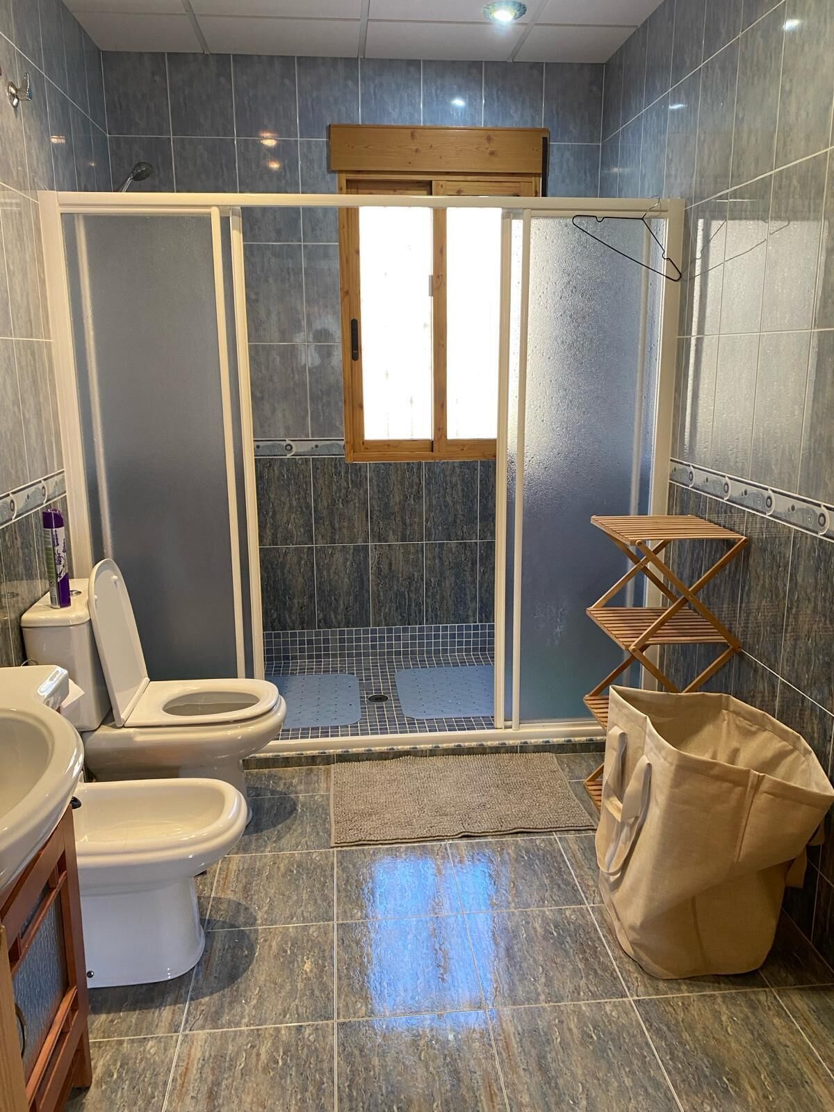 A bathroom with a shower enclosure, a toilet, and a sink.