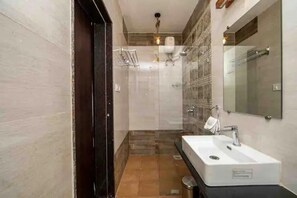 Hair dryer, towels, soap, toilet paper