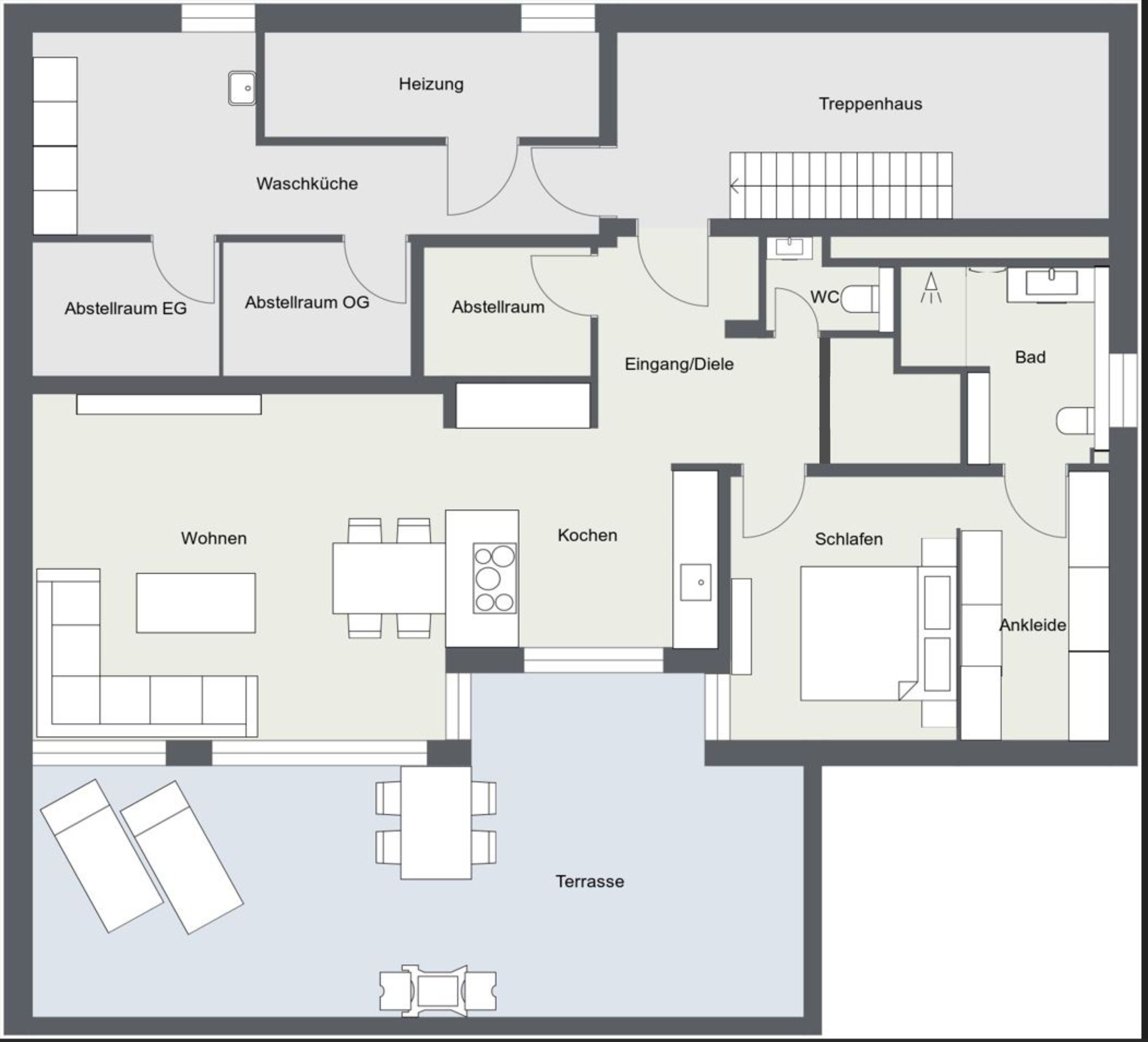Een plattegrond van een hotelkamer met een aparte woonkamer, keuken en slaapgedeelte, plus een terras.