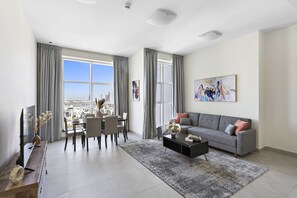 Exclusive Apartment | Living area - WelHome - Breathtaking Partial Sea View 2BR Close to Marina  (Dubai)