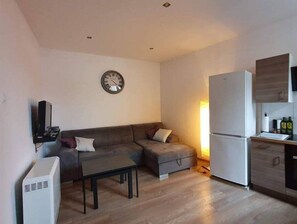 Cozy living space with a sofa, TV, and compact kitchen area.