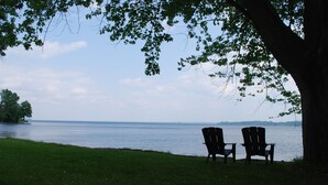 Deux fauteuils Adirondack sont placés face à un lac, et un arbre offre de l’ombre.