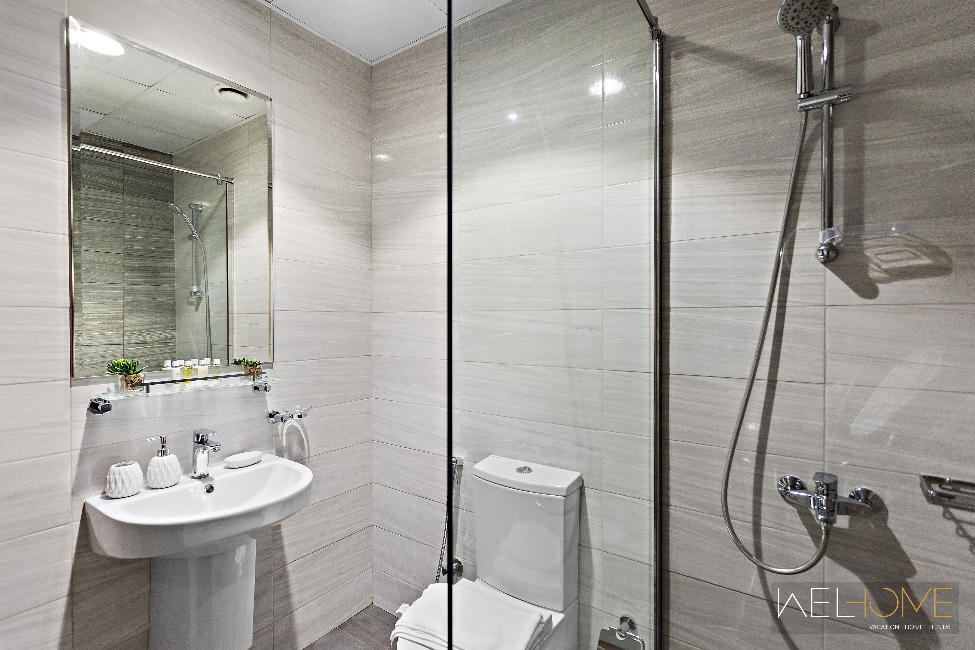 Une salle de bain moderne avec une douche à parois de verre, un lavabo blanc et des toilettes.