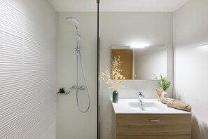 Douche, sèche-cheveux, serviettes fournies, savon