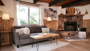 Un salón acogedor con un sofá gris, una mesa de centro de madera, una chimenea y una pared de piedra.