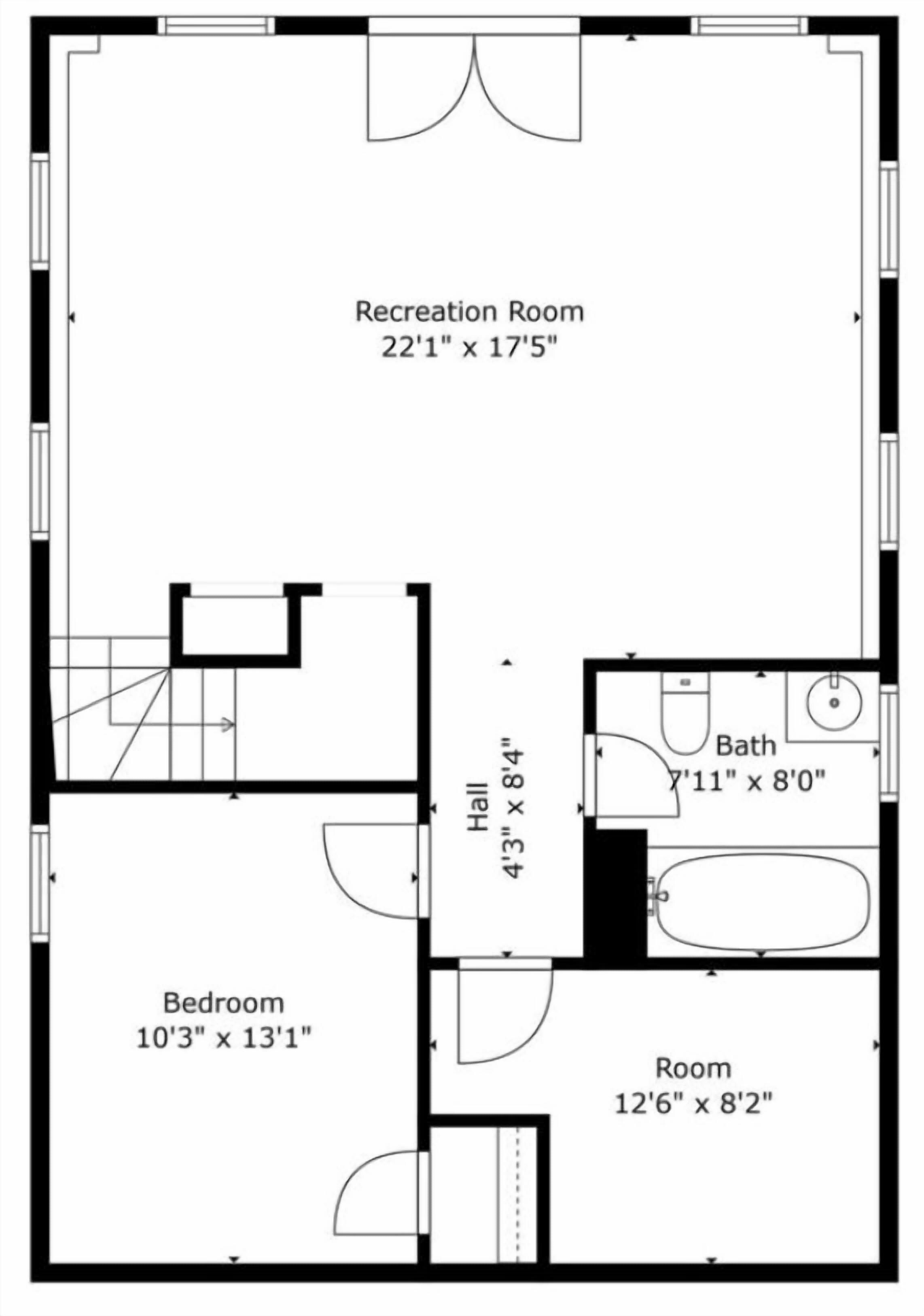 Plano de planta que muestra una Sala de Recreo (6,7 m x 5,3 m), un Vestíbulo (1,3 m x 2,5 m), un Dormitorio (3,1 m x 4 m), un Baño (2,4 m x 2,5 m) y una Habitación (3,8 m x 2,5 m).