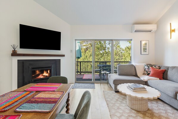 Smart TV, chimenea, reproductor de DVD y libros 