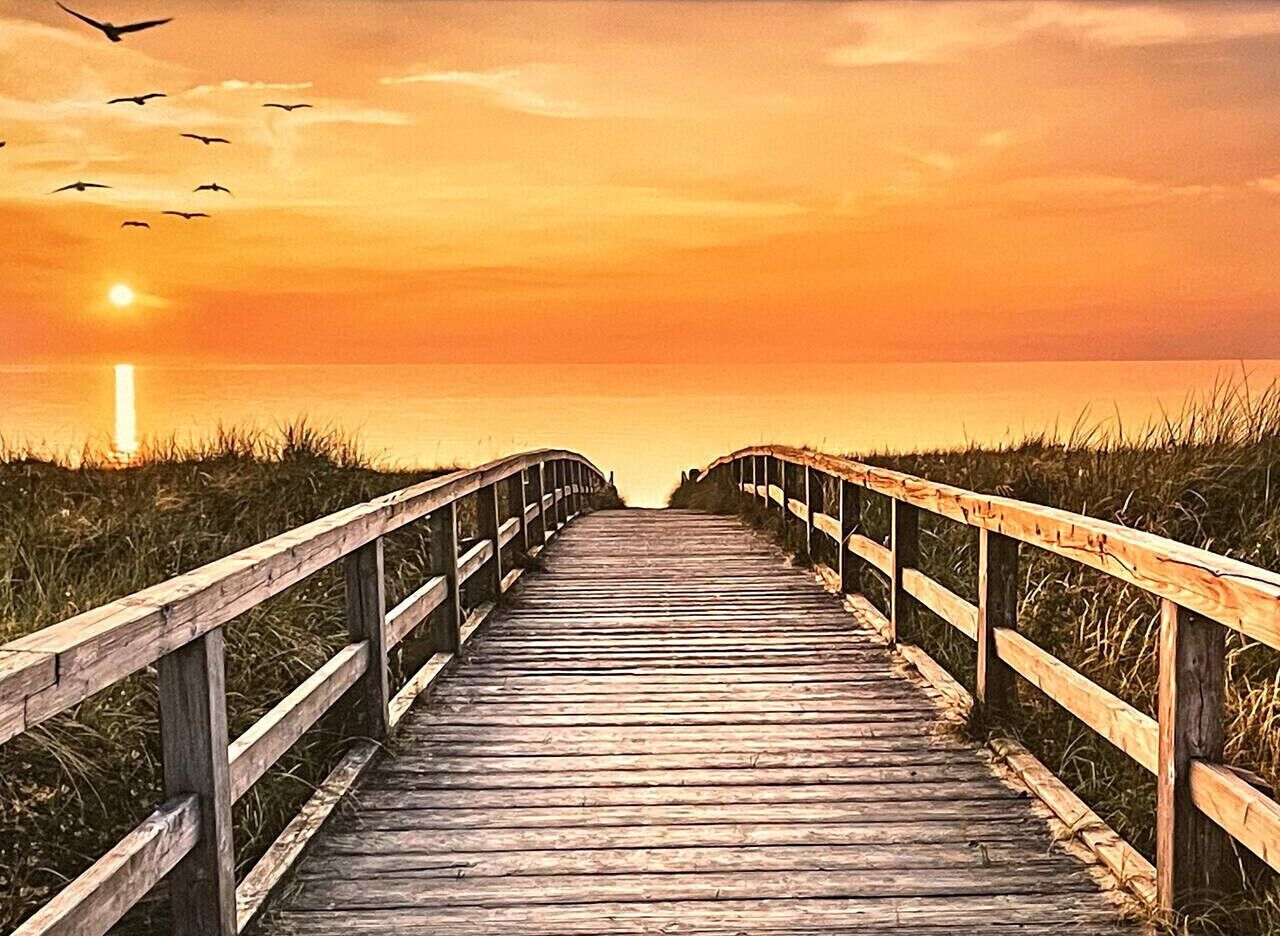 Une promenade en bois qui mène à un point de vue sur le coucher de soleil sur l’eau.
