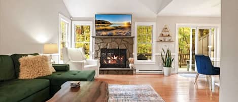 Smart TV, fireplace, books, stereo