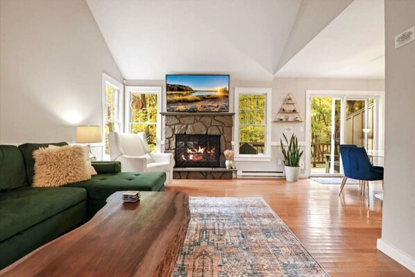 TV connectée, cheminée, livres, chaîne hi-fi