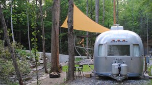 A vintage camper parked in a forested area with a canopy providing shade. - Creekside Airstream Retreat in the Smokies (Cosby)