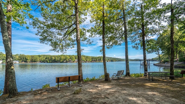 Un parque junto al lago con bancos y mesas de picnic, rodeado de árboles y vistas al lago.