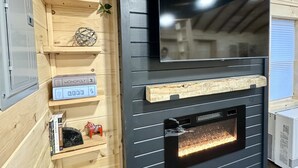 Una chimenea moderna con un televisor encima, estantes de madera con libros y adornos, y una planta.
