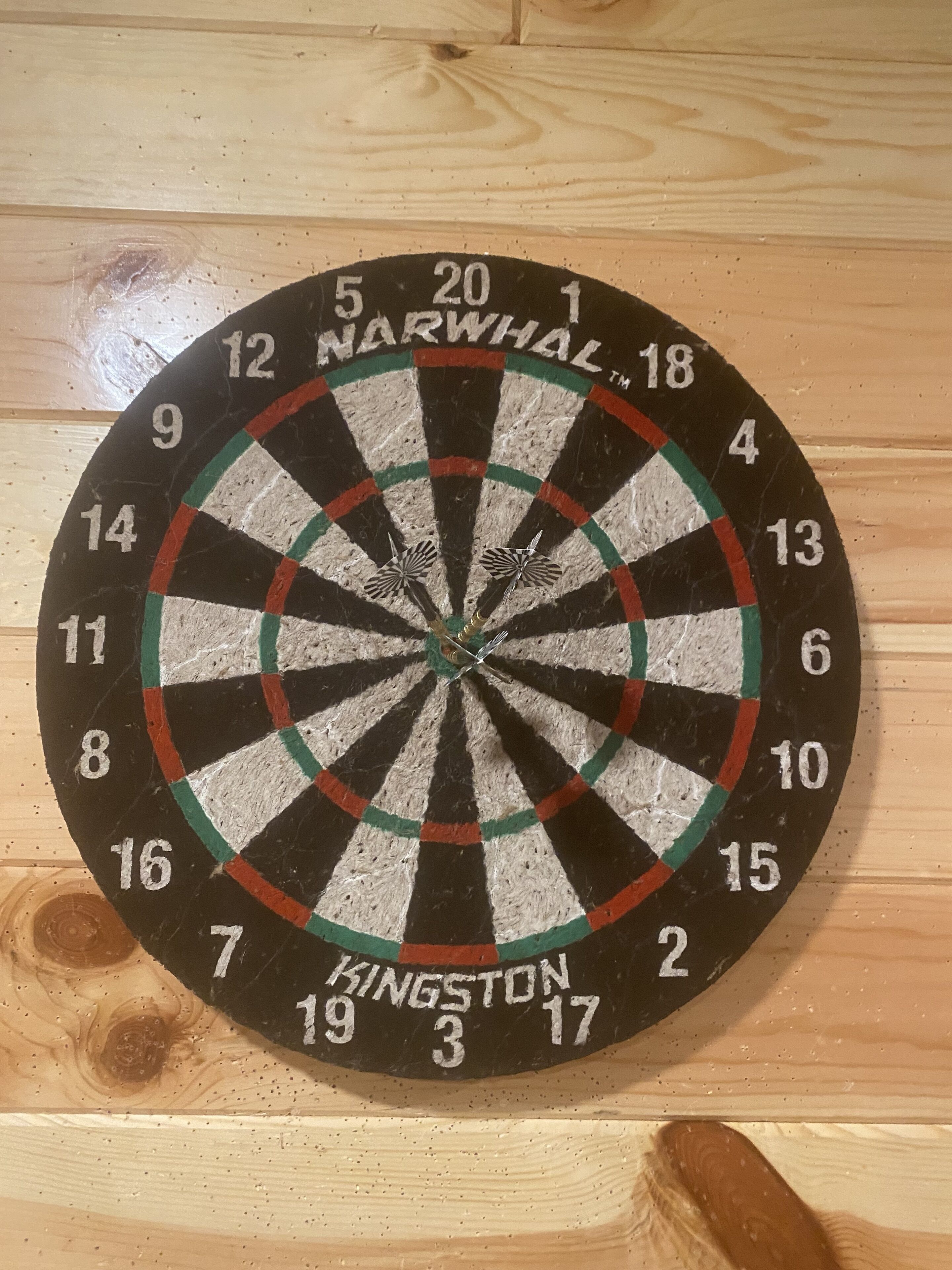 A dartboard with the brand name "NARWHAL" and "KINGSTON" visible.