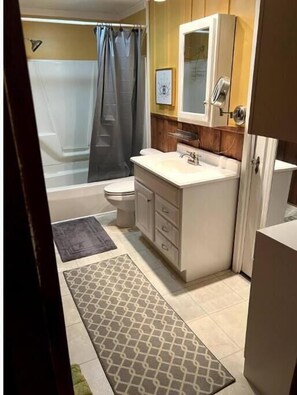 Hair dryer, towels, soap, shampoo