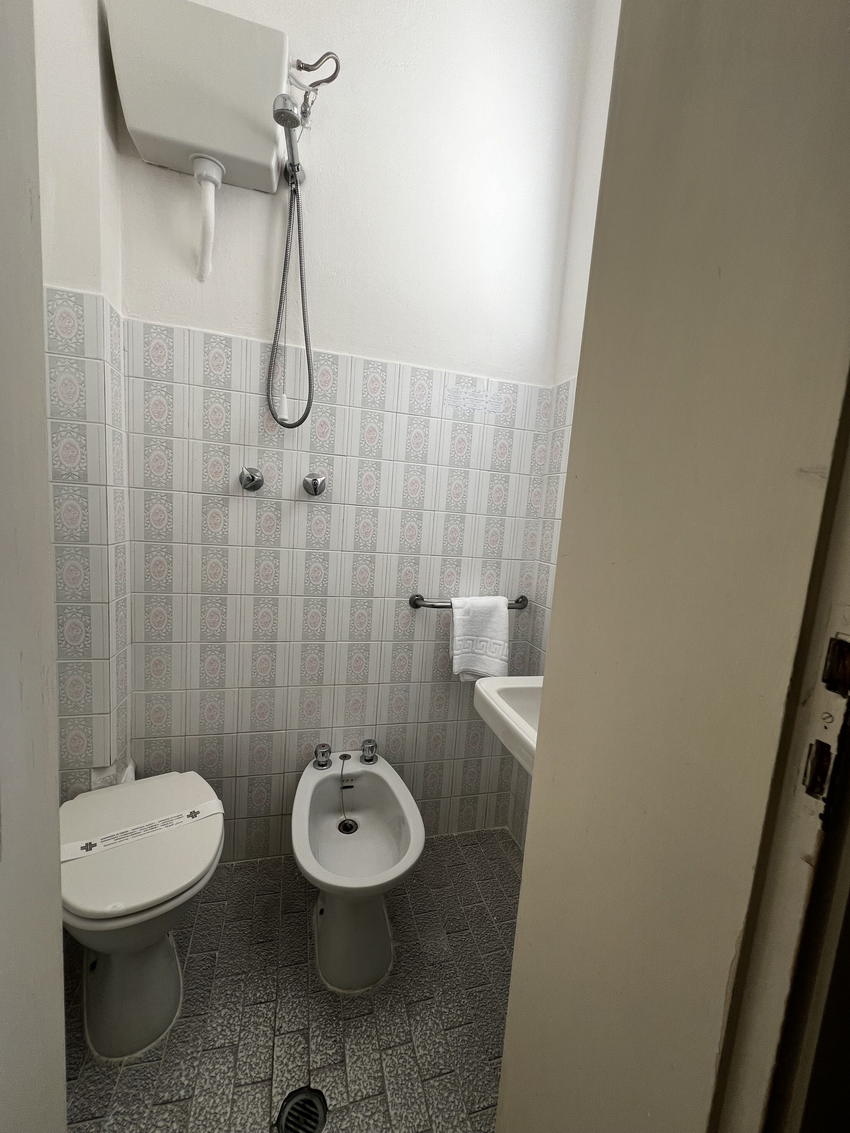Un baño pequeño con inodoro, bidé y ducha.