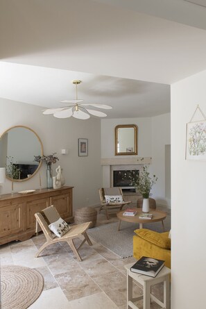 TV connectée, cheminée, livres, chaîne hi-fi