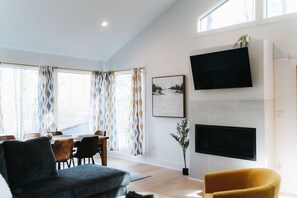 TV, fireplace, video games, books