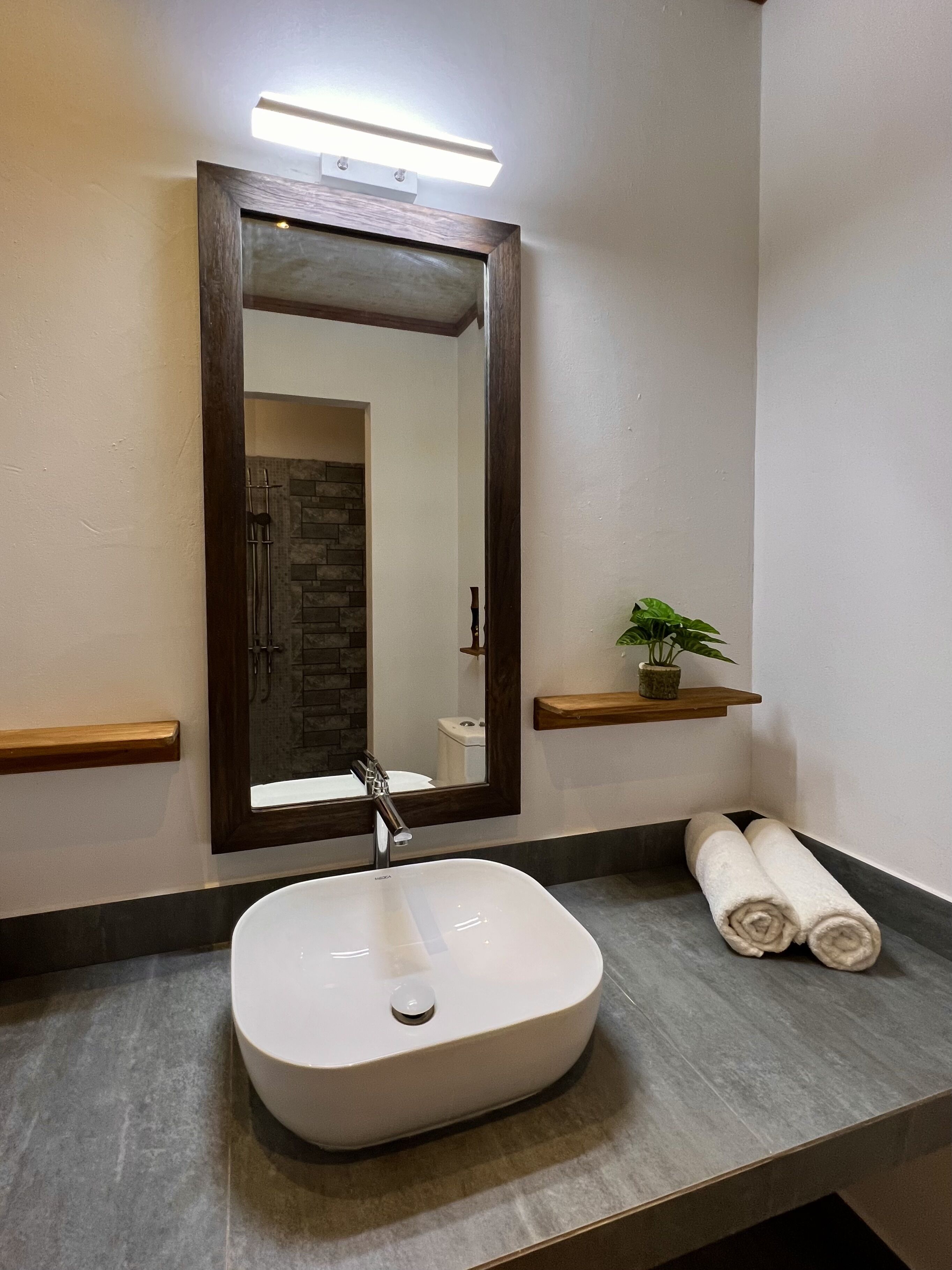 Un baño con un lavamanos blanco, un espejo grande y una planta pequeña en un estante.
