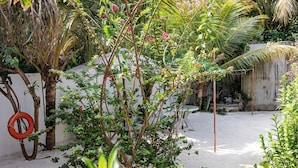 Un jardín con diferentes plantas y una pequeña mesa.